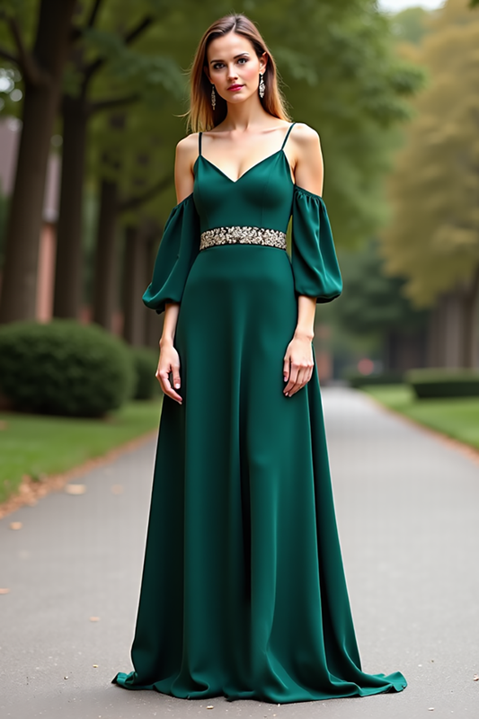 Dark Green Cold Shoulder Satin Long Formal Dress