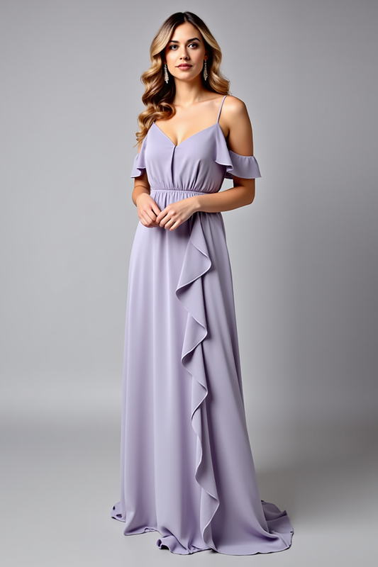 Lilac V-Neck Backless Ruched Long Formal Dress