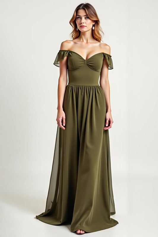 Off the Shoulder Olive Chiffon Long Formal Dress