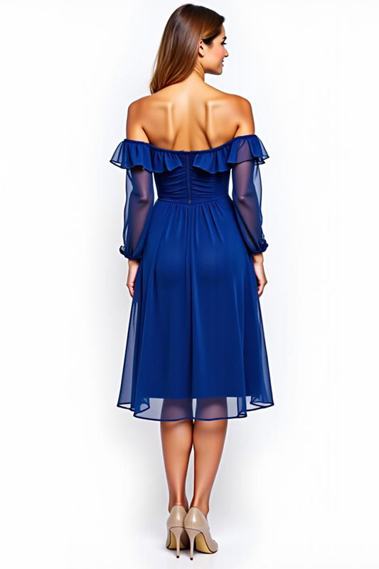 Royal Blue Off the Shoulder Chiffon Knee-Length Formal Dress