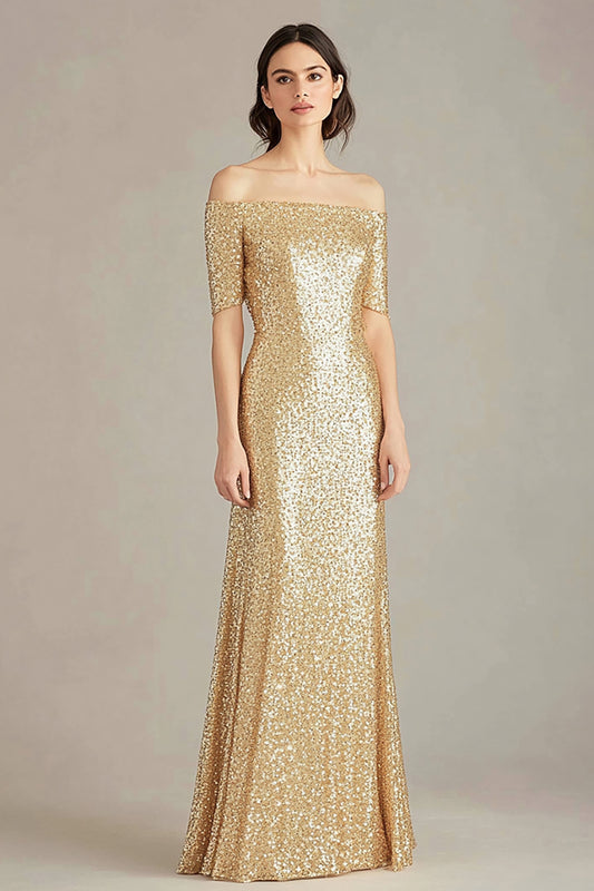 Sparkly Gold Square Neck Sheath Long Formal Dress