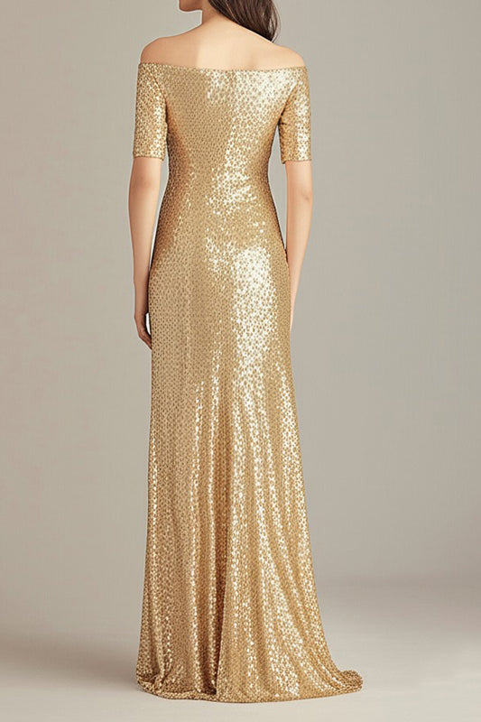 Sparkly Gold Square Neck Sheath Long Formal Dress