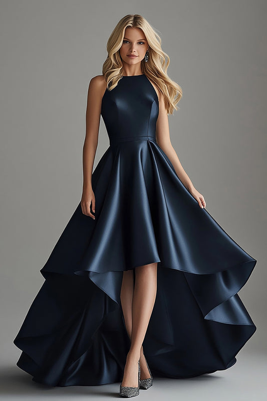 A Line Navy Satin Scoop High-Low Formal Dress