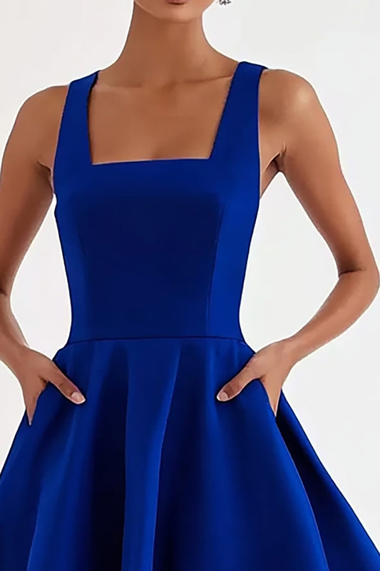 A Line Royal Blue Square Neck Tea-Length Formal Dress