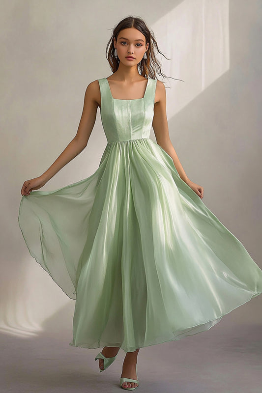 Square Neck Light Green A Line Long Formal Dress