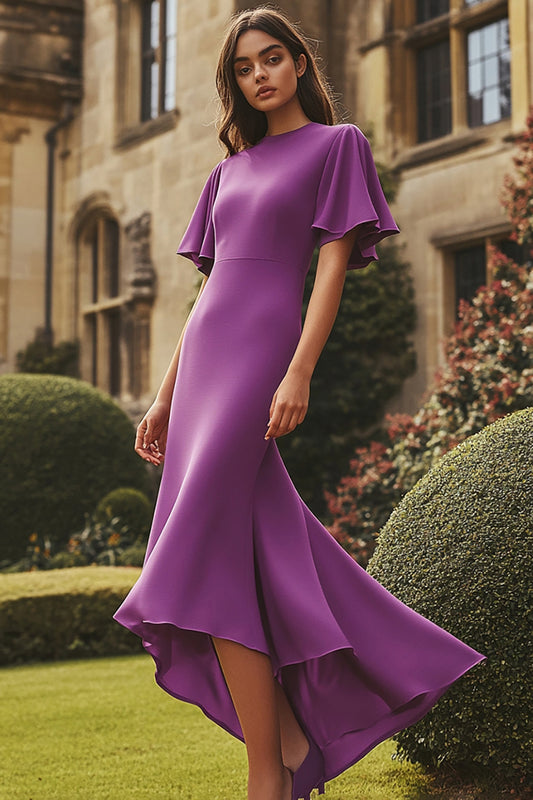 Round Neck Plum Short Sleeves Tea-Length Formal Dress