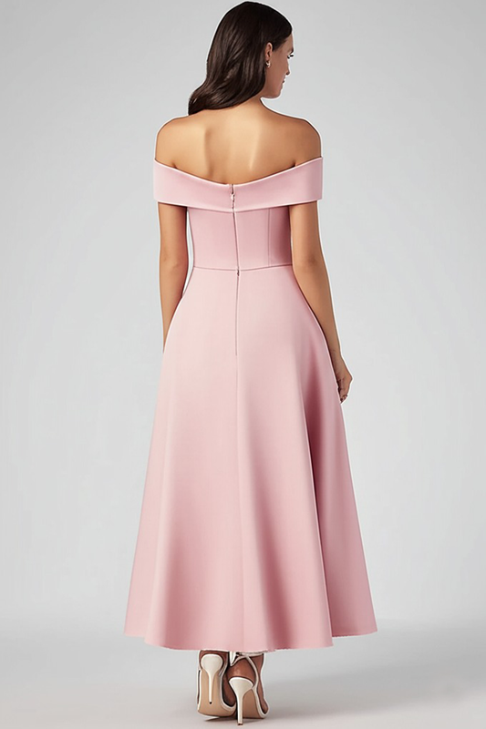 Off the Shoulder Pink A Line Tea-Length Formal Dress