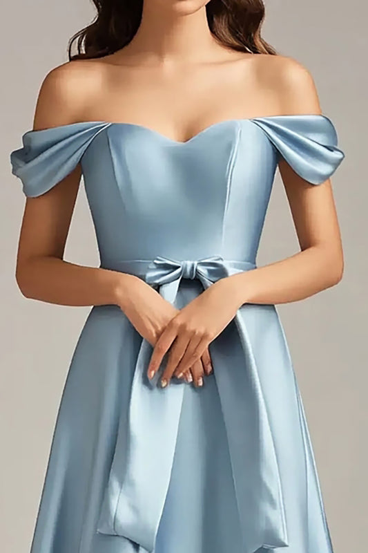 A Line Bowknot Sky Blue Satin Long Formal Dress