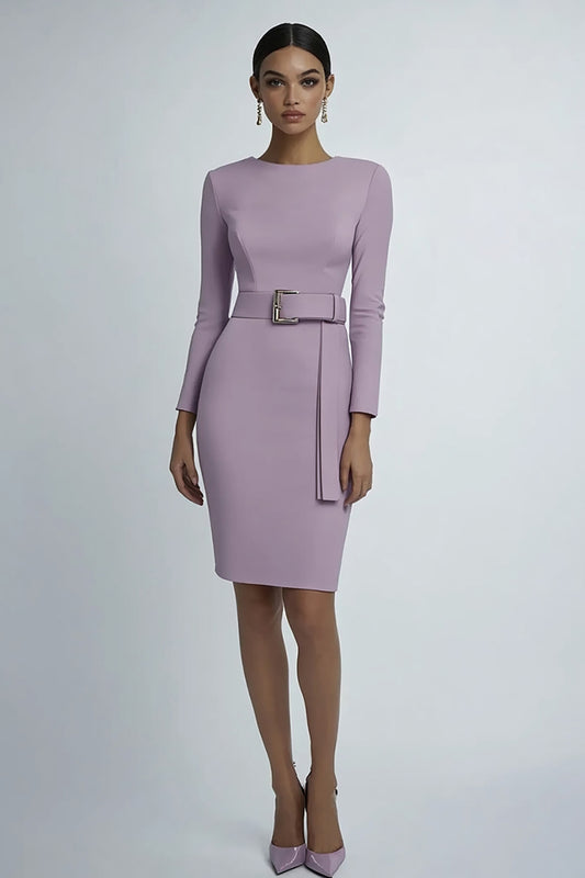 Lilac Round Neck Sheath Short Formal Dress with Long Sleeves