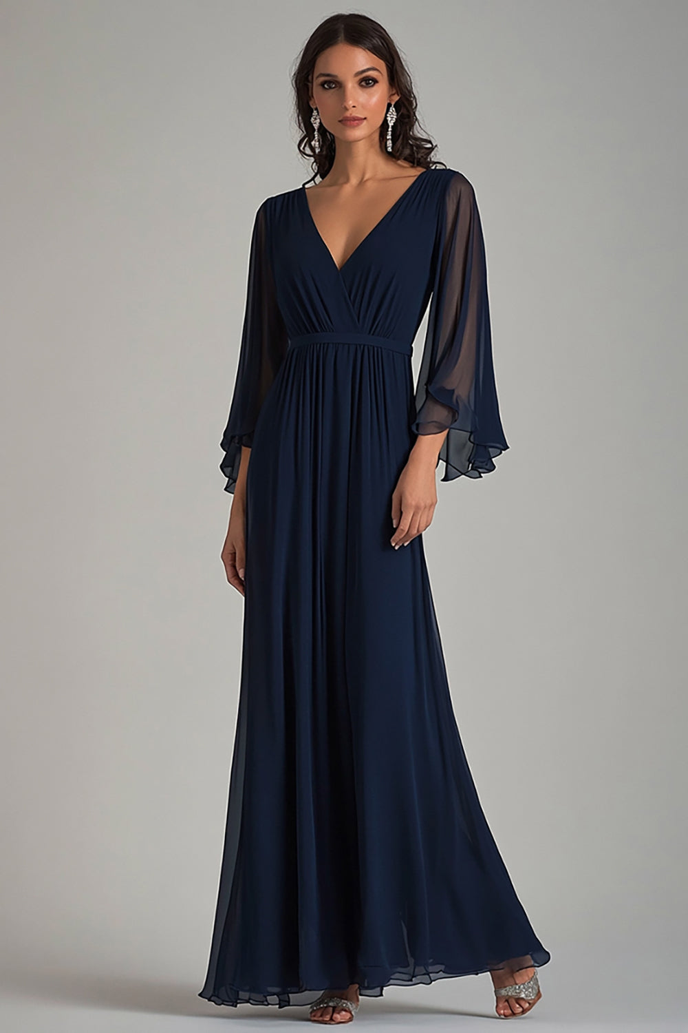 ZAPAKASA Women Navy V-Neck Chiffon Long Formal Dress with Half Sleeves A Line Ruched Prom Dress ZAPAKASA Women Navy V-Neck Chiffon Long Formal Dress with Half Sleeves A Line Ruched Prom Dress