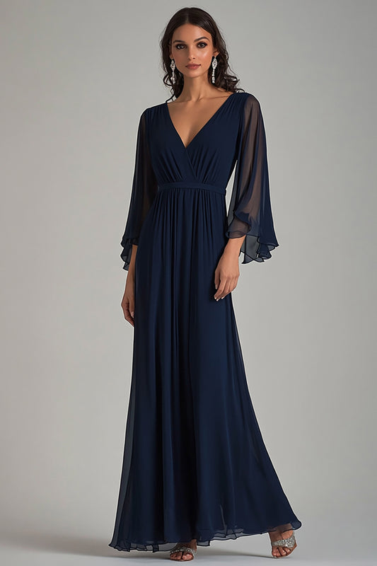 Navy V-Neck Chiffon Long Formal Dress with Half Sleeves