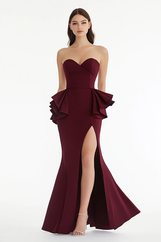 Strapless Burgundy Sheath Long Formal Dress with Slit