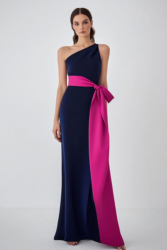 Satin Navy Fuchsia One Shoulder Long Formal Dress