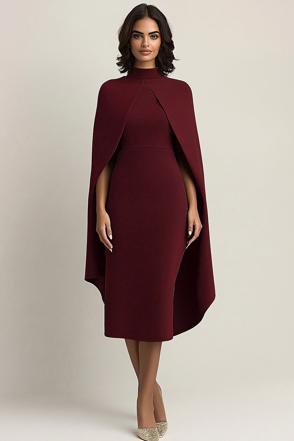 ZAPAKASA Women Burgundy High Neck Knee-Length Formal Dress with Shawl Satin Sheath Work Dress ZAPAKASA Women Burgundy High Neck Knee-Length Formal Dress with Shawl Satin Sheath Work Dress