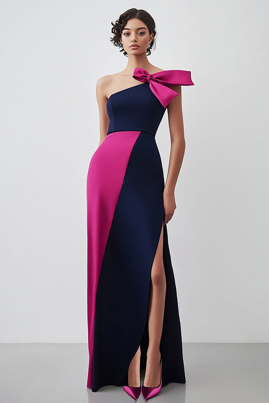 Sheath Navy Fuchsia One Shoulder Long Formal Dress with Slit