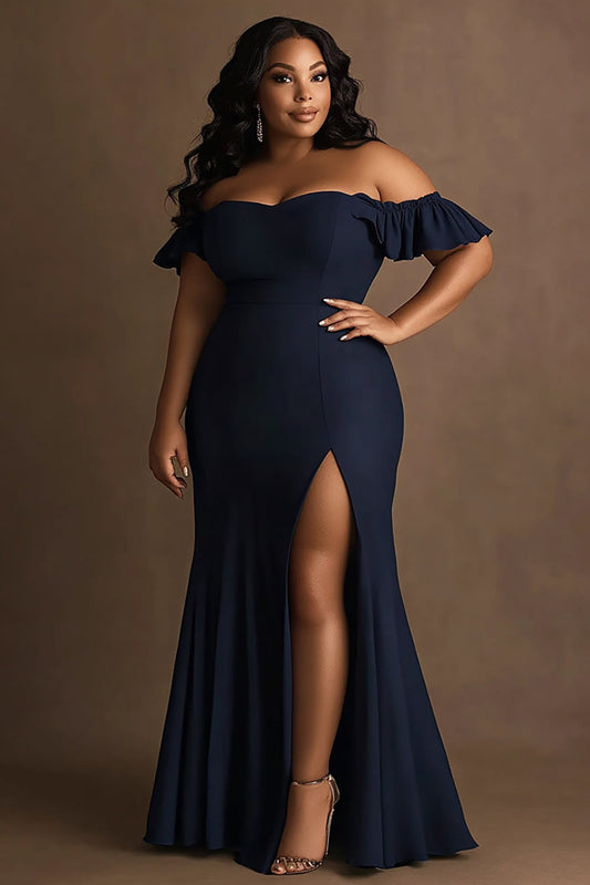 Off the Shoulder Plus Size Navy Satin Formal Dress with Ruffles