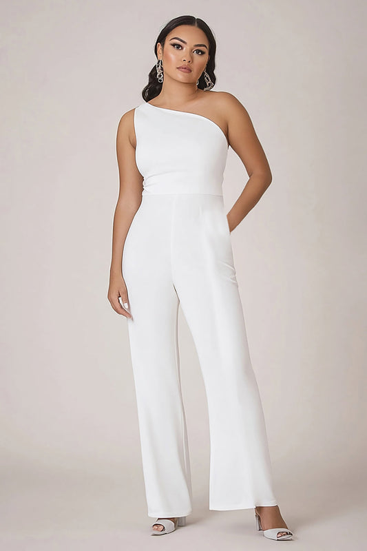One Shoulder White Plus Size Long Formal Jumpsuit with Pockets