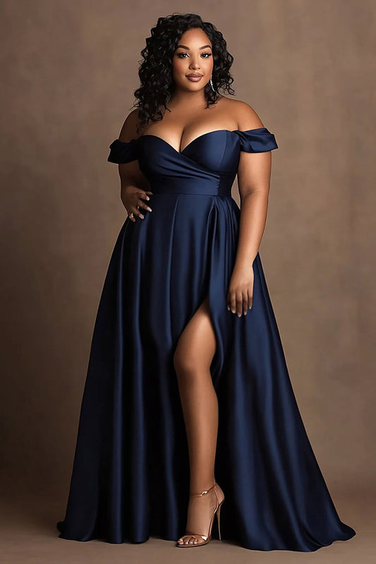 Off the Shoulder Navy Plus Size Long Satin Formal Dress with Slit