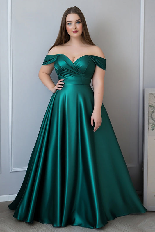 Plus Size Off the Shoulder Dark Green Long Satin Formal Dress