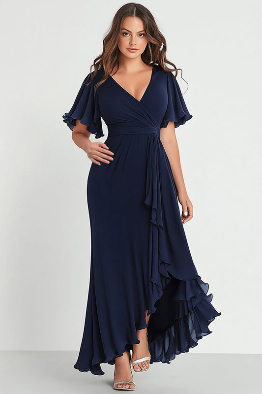 Long Chiffon Navy Plus Size V-Neck Formal Dress with Short Sleeves
