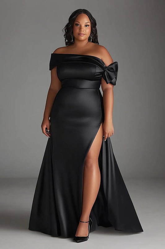 Off the Shoulder Black Plus Size Long Satin Formal Dress with Slit