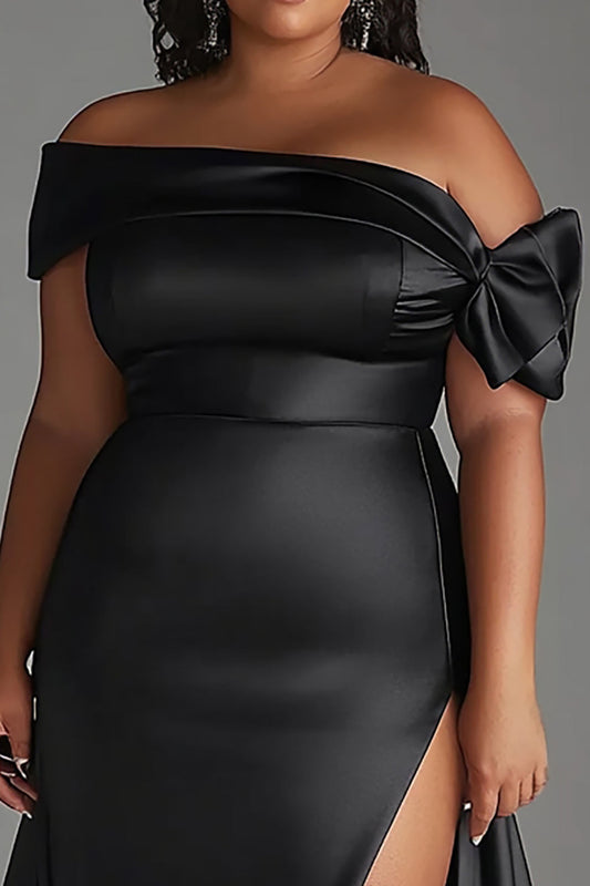 Off the Shoulder Black Plus Size Long Satin Formal Dress with Slit