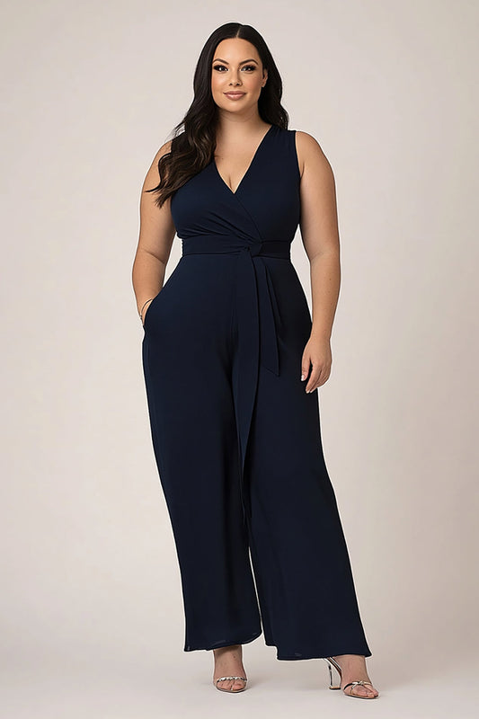 Plus Size V-Neck Navy Sleeveless Long Formal Jumpsuit