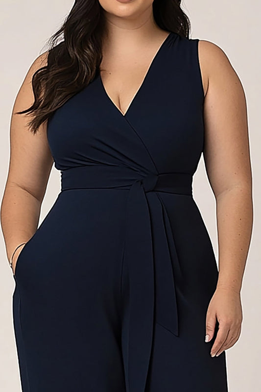 Plus Size V-Neck Navy Sleeveless Long Formal Jumpsuit