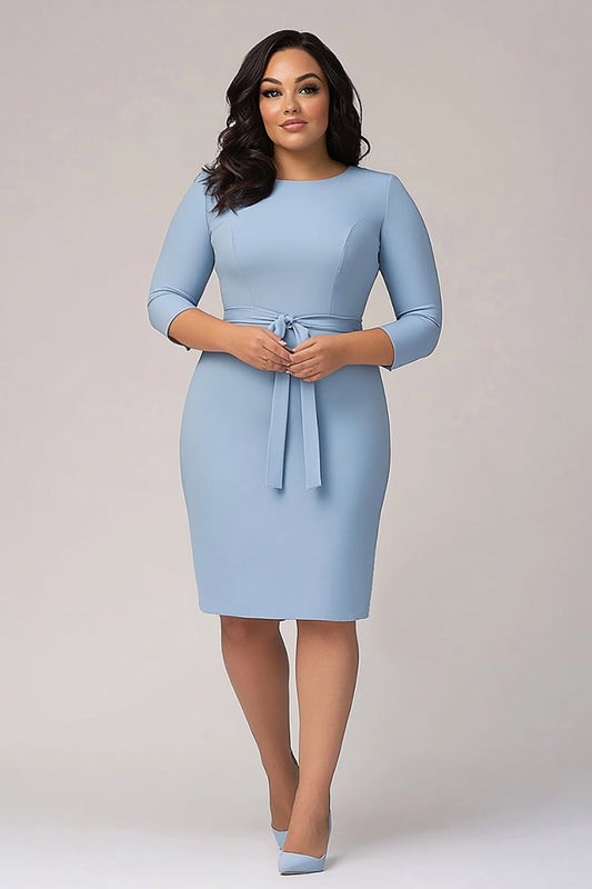 Plus Size Knee Length Sky Blue Crepe Formal Dress