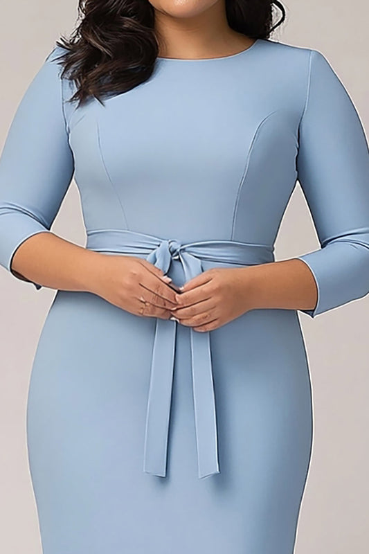 Plus Size Knee Length Sky Blue Crepe Formal Dress