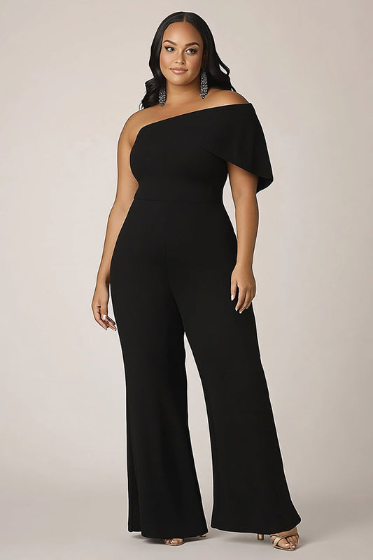 One Shoulder Long Black Plus Size Formal Jumpsuit