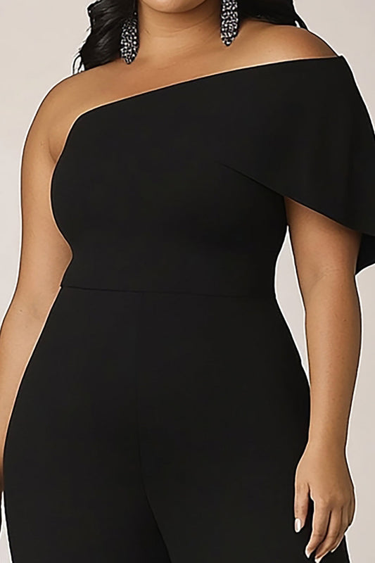 One Shoulder Long Black Plus Size Formal Jumpsuit