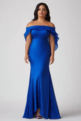 Royal Blue Off the Shoulder Sheath Long Plus Size Formal Dress