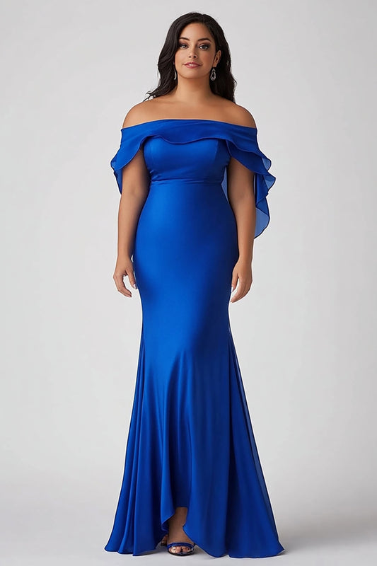 Royal Blue Off the Shoulder Sheath Long Plus Size Formal Dress