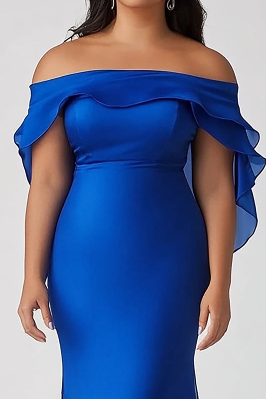 Royal Blue Off the Shoulder Sheath Long Plus Size Formal Dress