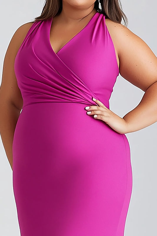 Fuchsia V-Neck Satin Long Plus Size Formal Dress