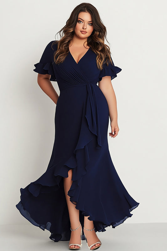 Navy Short Sleeves V-Neck Long Plus Size Formal Dress