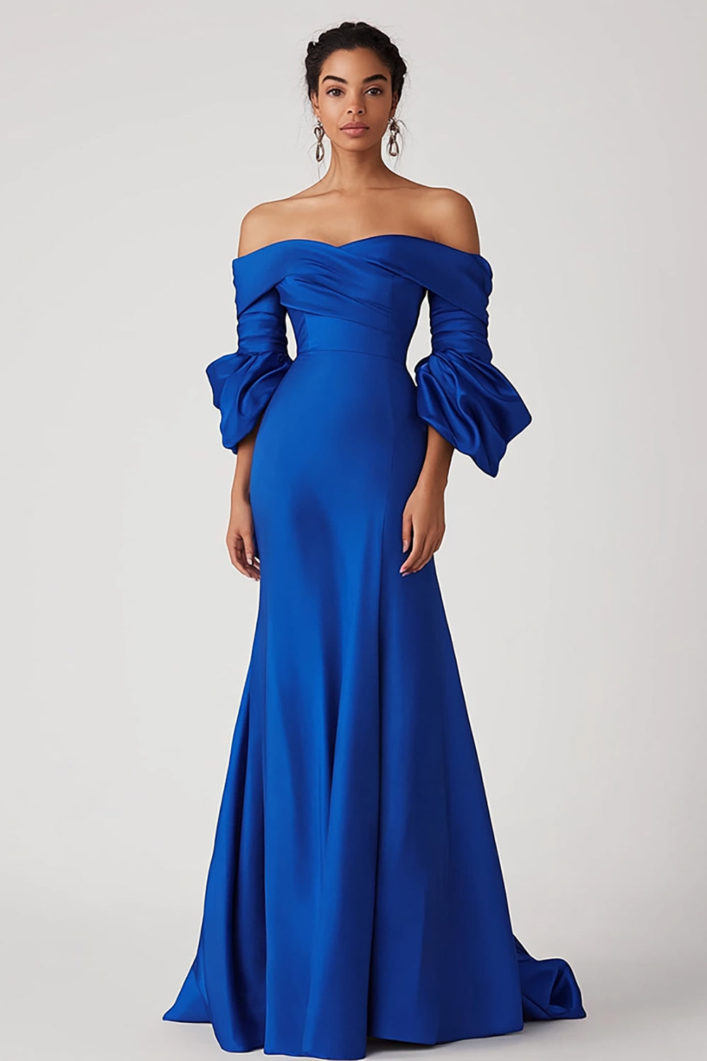 Satin Royal Blue Off the Shoulder Long Formal Dress with Half Sleeves Satin Royal Blue Off the Shoulder Long Formal Dress with Half Sleeves