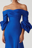 Satin Royal Blue Off the Shoulder Long Formal Dress with Half Sleeves Satin Royal Blue Off the Shoulder Long Formal Dress with Half Sleeves