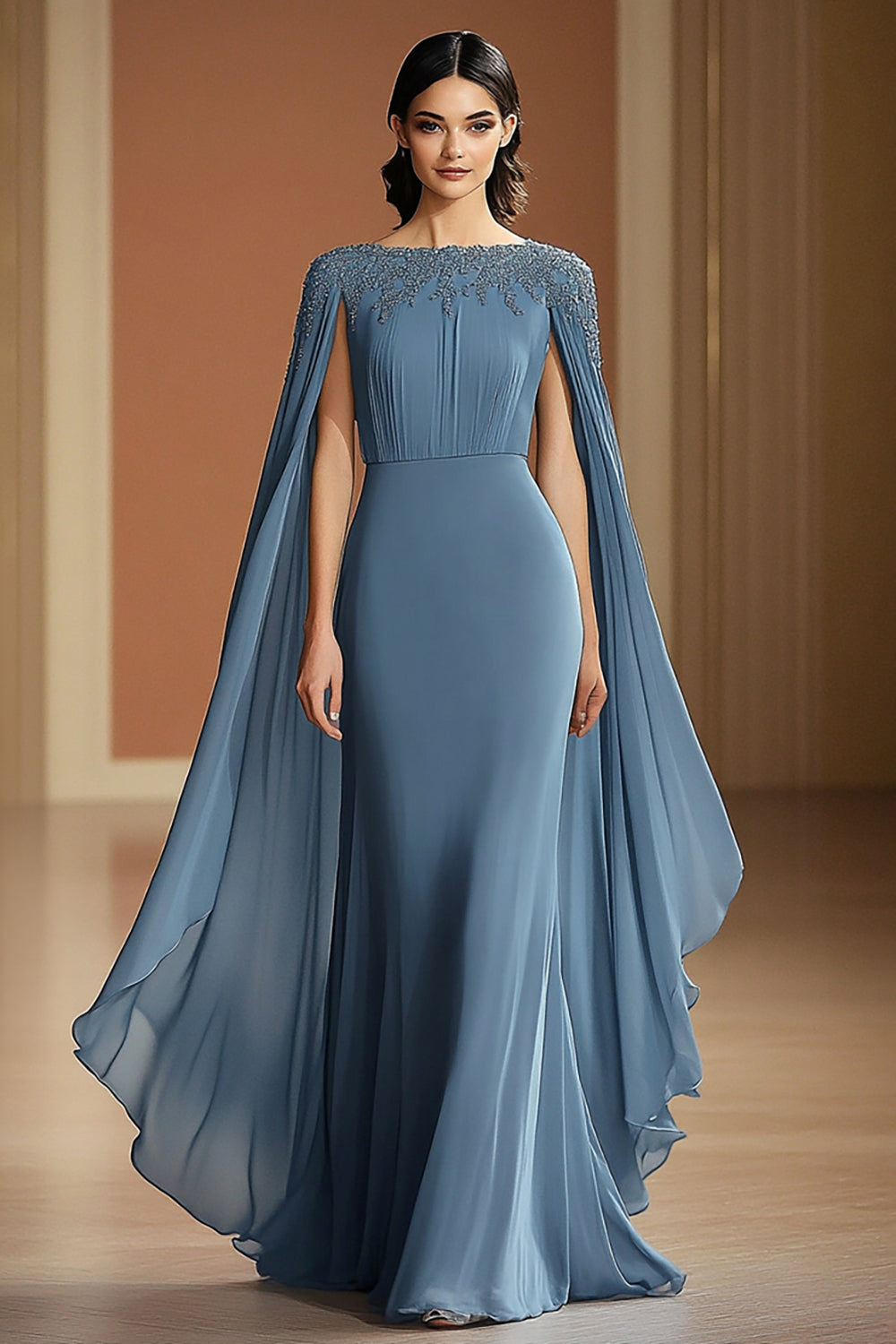 ZAPAKASA Women Grey Blue Sheath Chiffon Long Formal Dress with Shawl Appliqued Square Neck Prom Dress ZAPAKASA Women Grey Blue Sheath Chiffon Long Formal Dress with Shawl Appliqued Square Neck Prom Dress