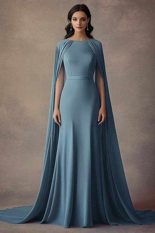 Ruched Grey Blue Round Neck Long Formal Dress with Shawl