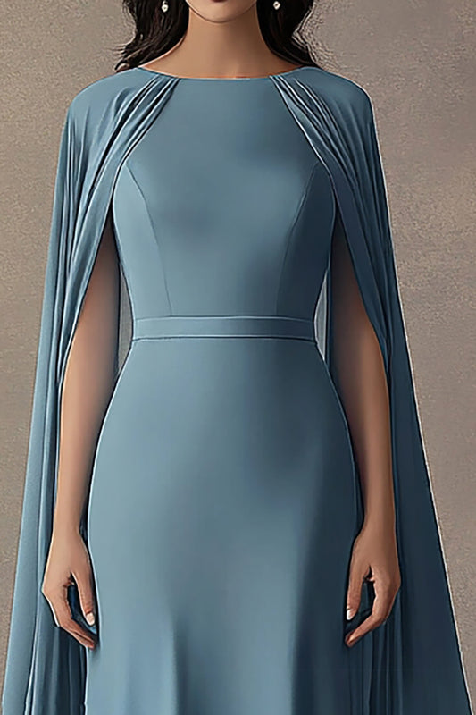 Ruched Grey Blue Round Neck Long Formal Dress with Shawl
