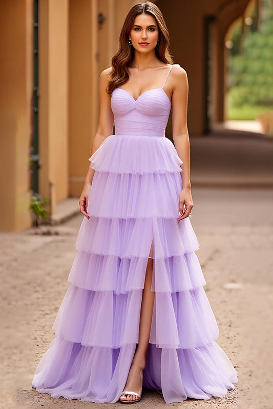 Lilac Spaghetti Straps Tiered Long Prom Dress with Slit