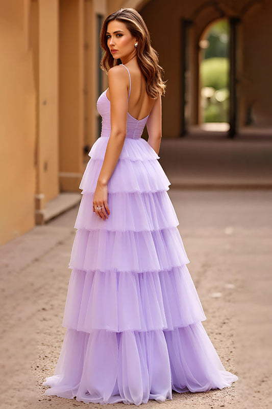 Lilac Spaghetti Straps Tiered Long Prom Dress with Slit