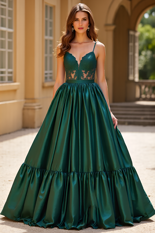 Ball Gown Dark Green Lace V-Neck Long Prom Dress