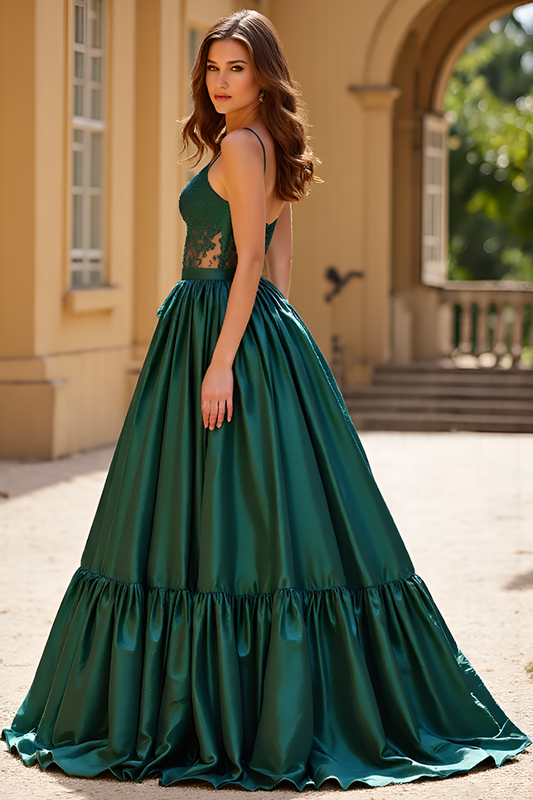 Ball Gown Dark Green Lace V-Neck Long Prom Dress