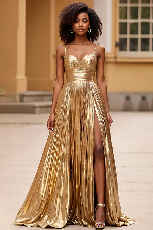 Glitter Gold A Line Sweetheart Long Prom Dress with Slit