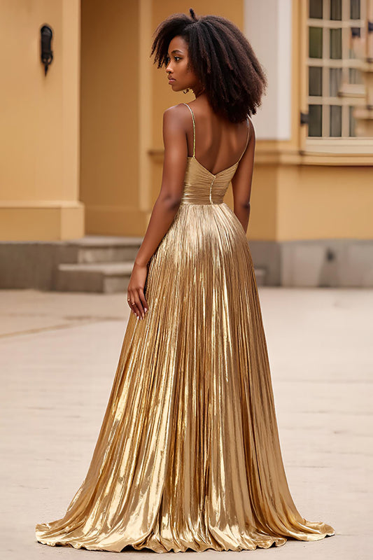 Glitter Gold A Line Sweetheart Long Prom Dress with Slit