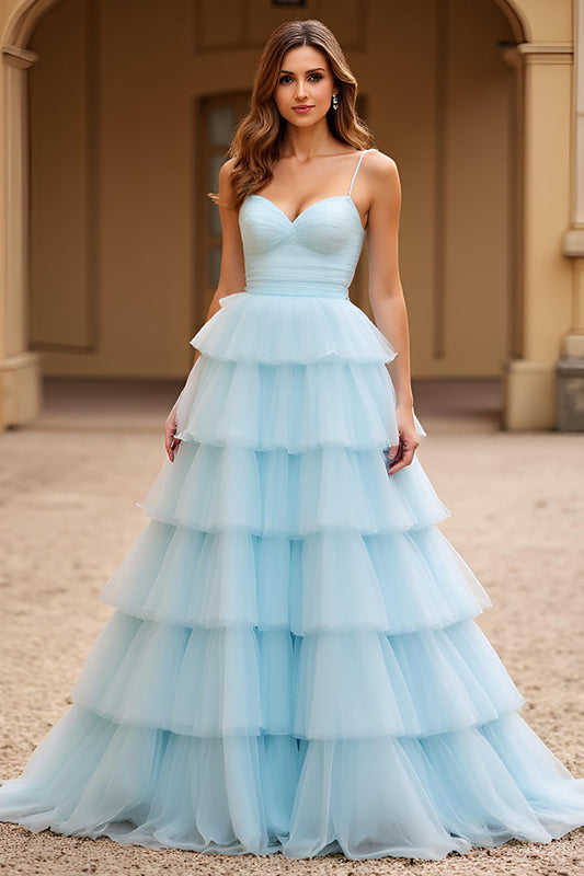 Sky Blue Tiered Ball Gown Tulle Long Prom Dress