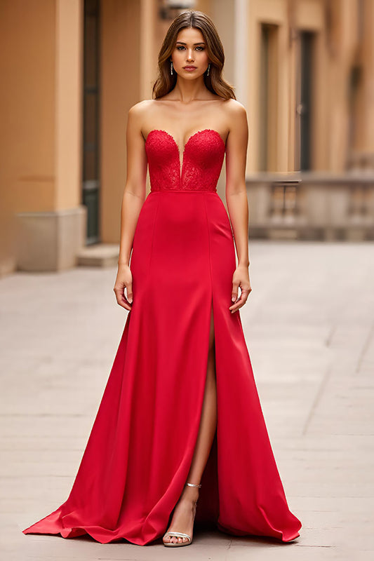 Red Strapless Lace Satin Long Prom Dress with Slit